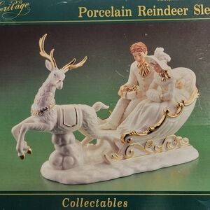 Vintage, Heritage Porcelain Reindeer‎ Sleigh, Gold Accents, Centerpiece